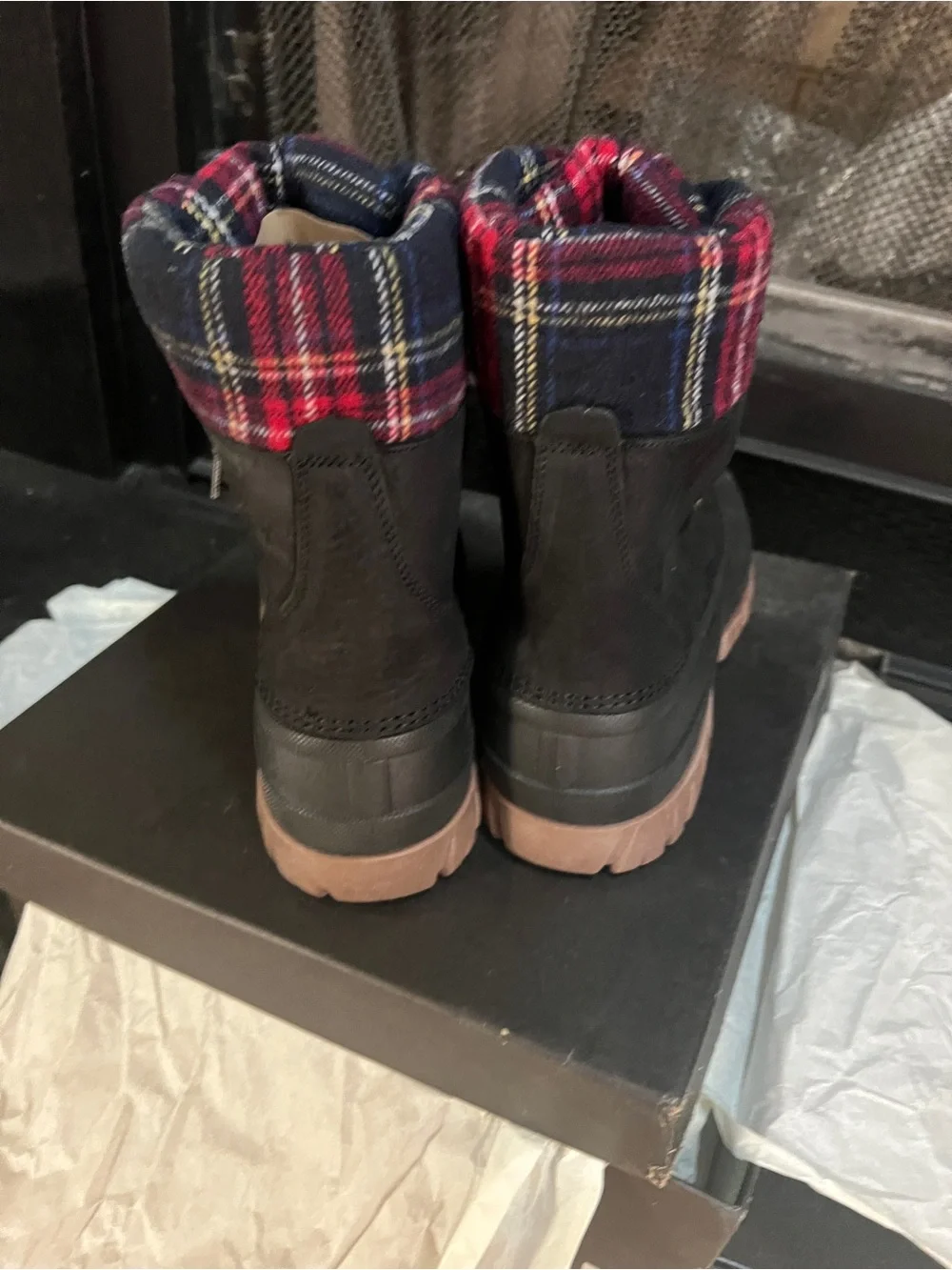 J. Crew Black Duck Boots with Red Plaid Cuff